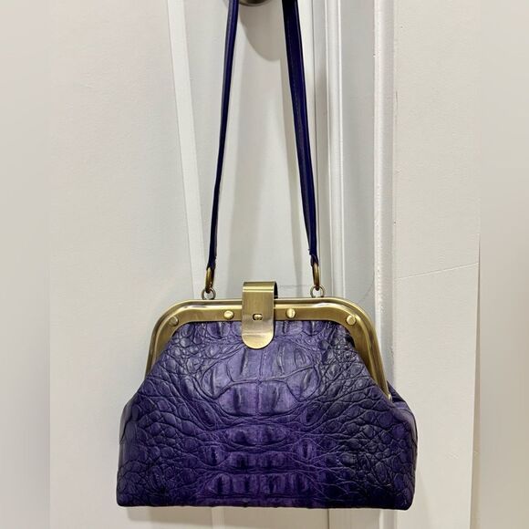 Purple Gradient Handmade Croc-Embossed Cowhide Push-Lock Shoulder Bag/Crossbody - Picture 1 of 16